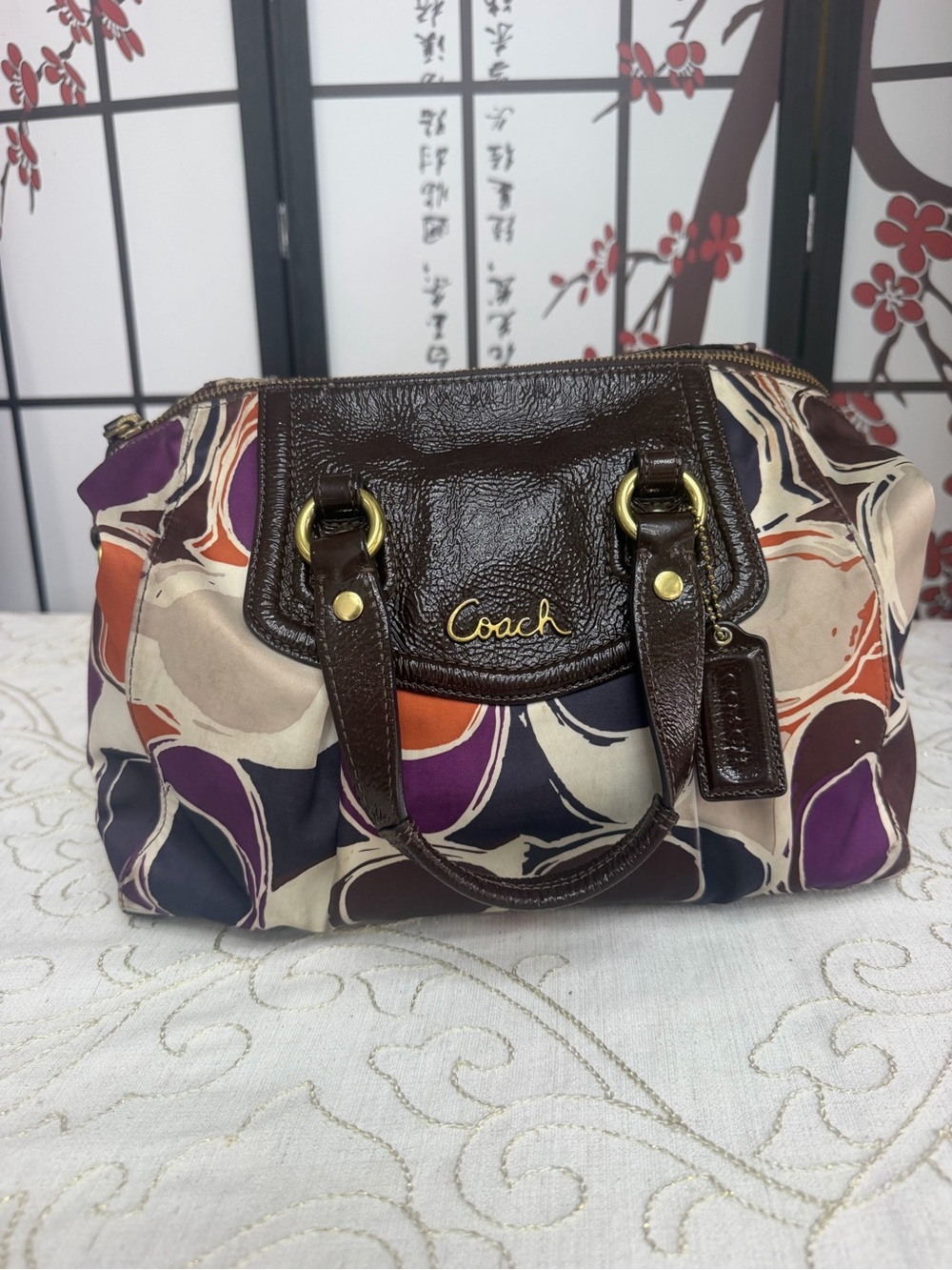 Coach Signature Multicolor Satchel with Brown Leather Trim